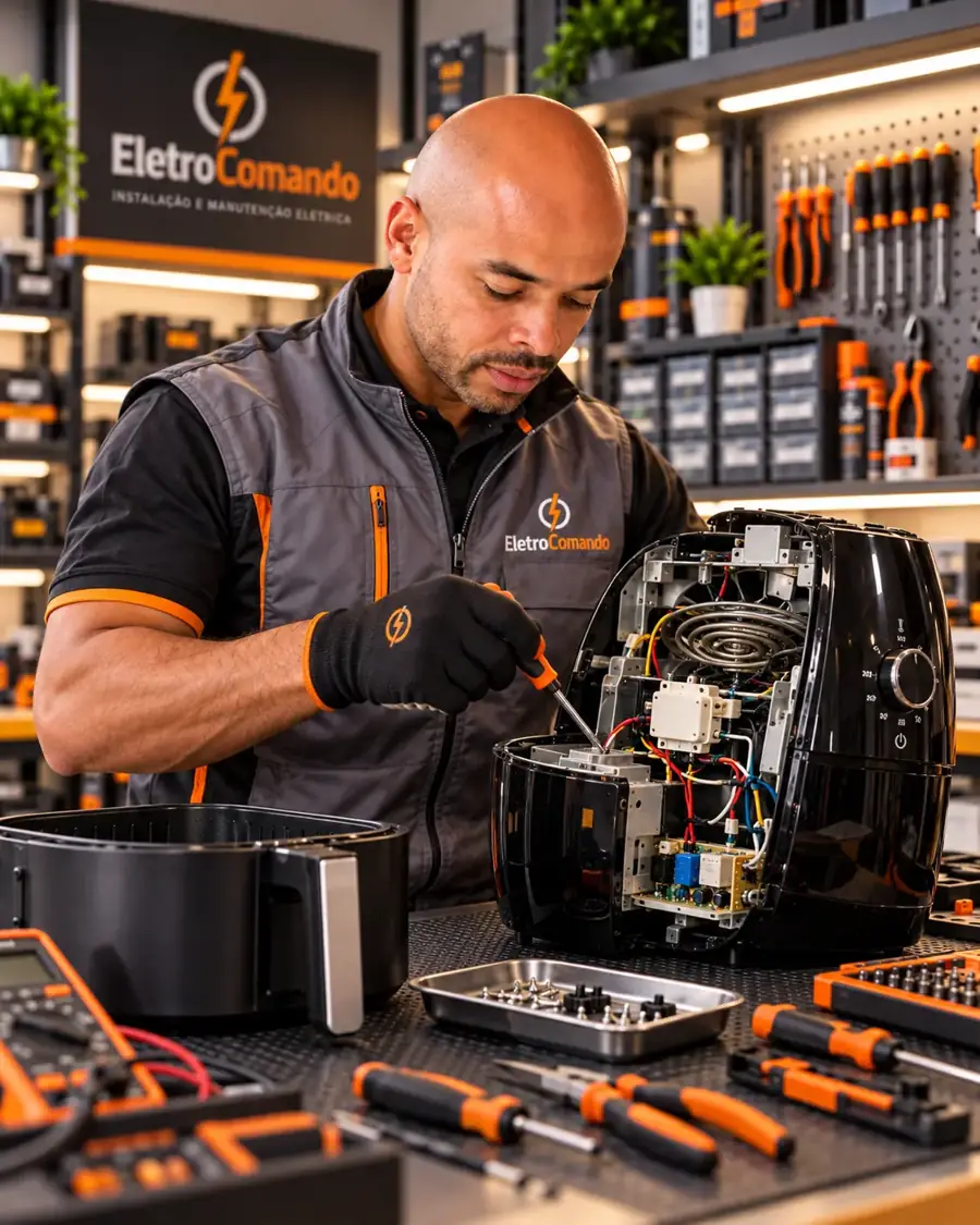 Técnico da Eletro Comando consertando uma air fryer