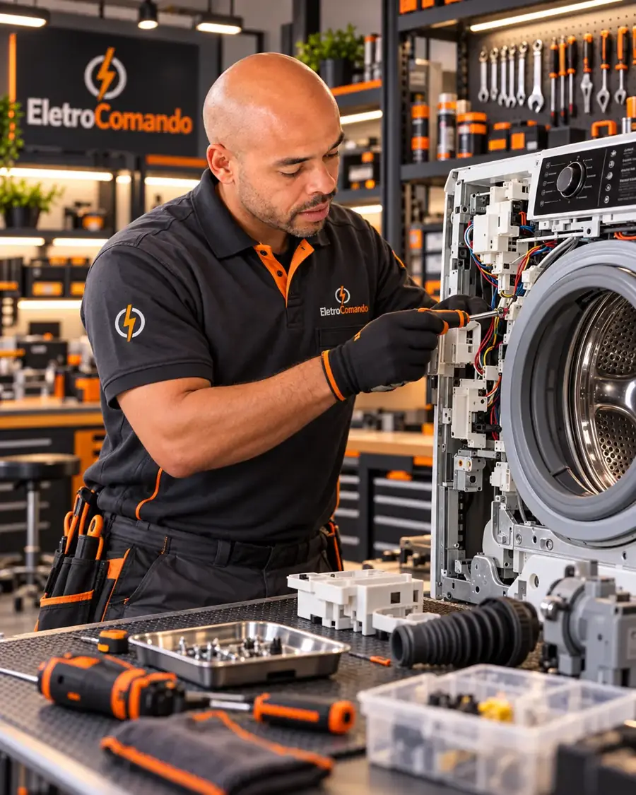 Técnico da Eletro Comando realizando manutenção em uma máquina de lavar
